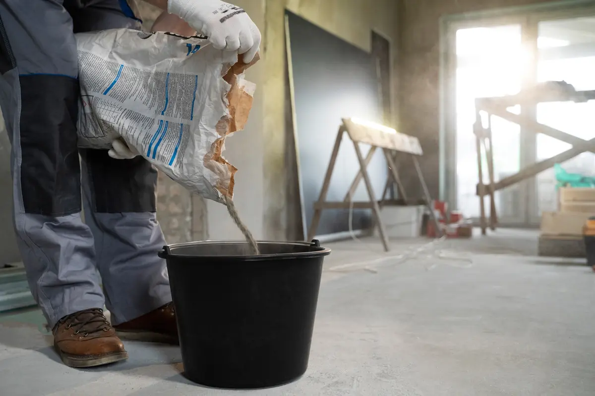 Handwerker mischt Estrichmaterial in einem Rohbau an (Symbolbild)